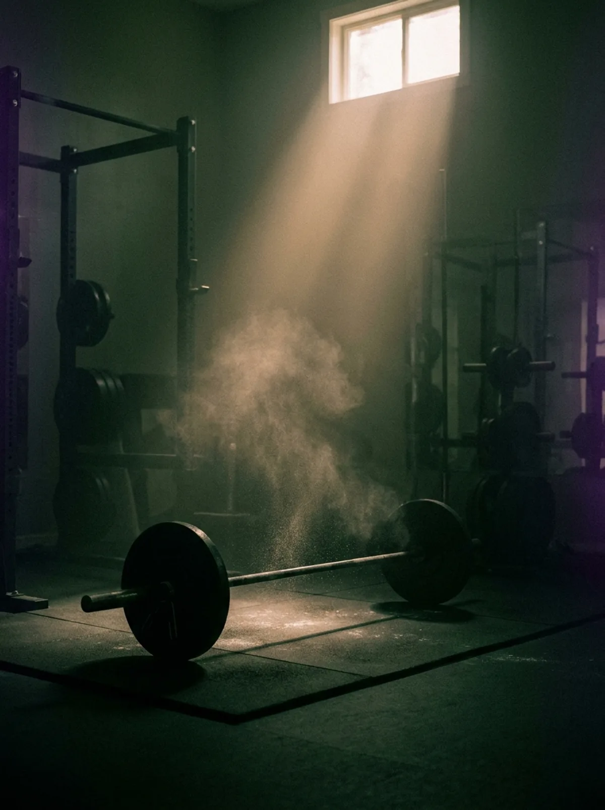 A dark weight room, a single beam of light catching chalk dust over a barbell