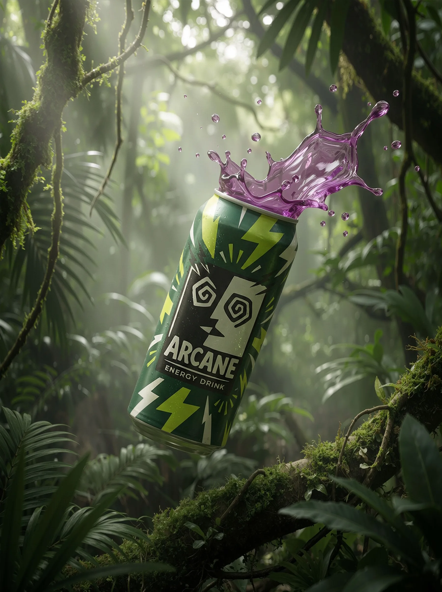 Violet liquid erupting from an open Arcane can deep in the jungle